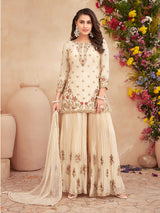 Cream chiffon silk embroidered palazzo festive suit