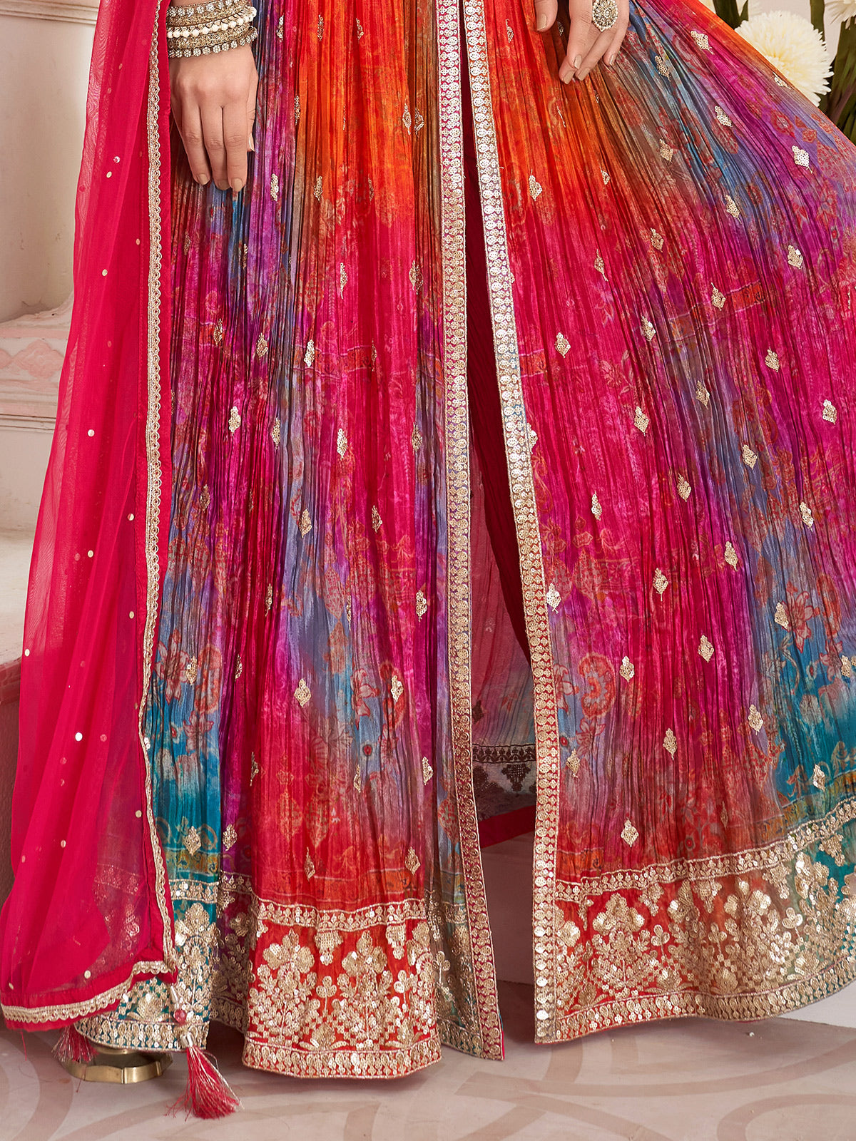 Multicolor silk anarkali printed festive wear suit