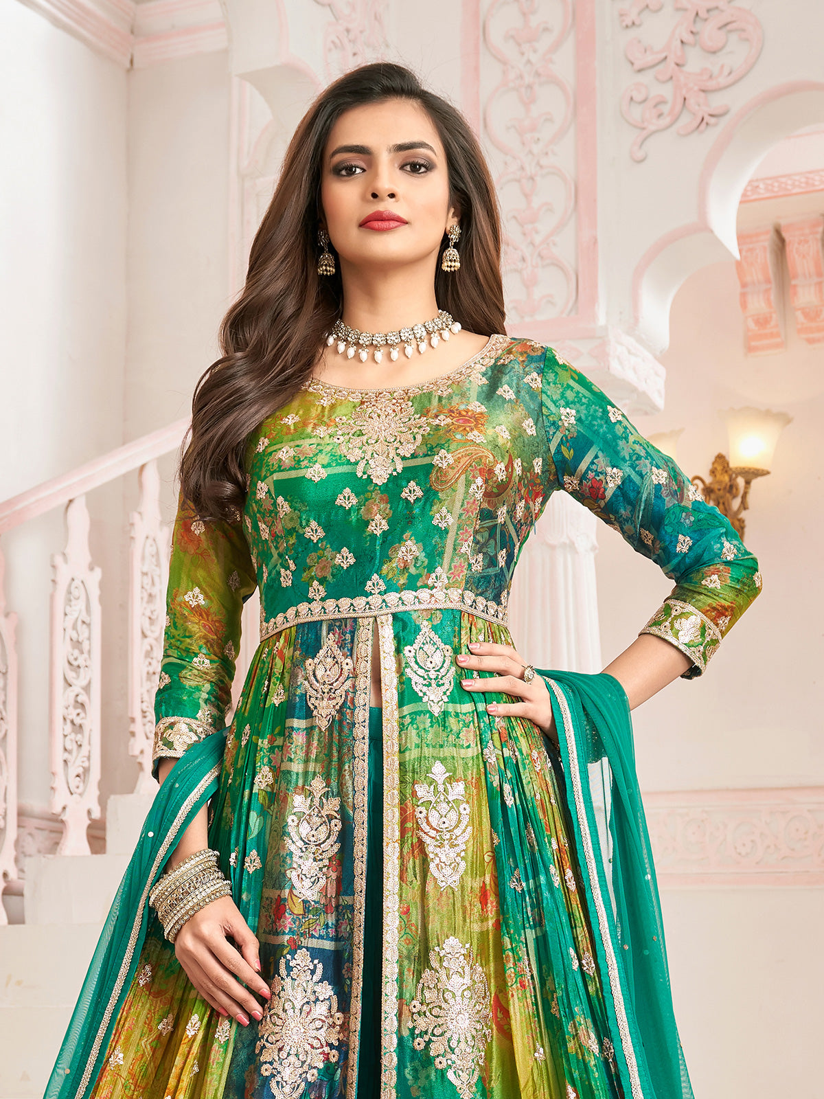 Green silk anarkali embroidered festive palazzo suit