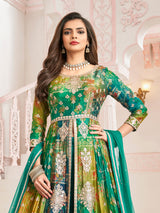 Green silk anarkali embroidered festive palazzo suit