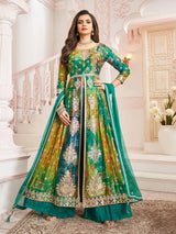 Green silk anarkali embroidered festive palazzo suit