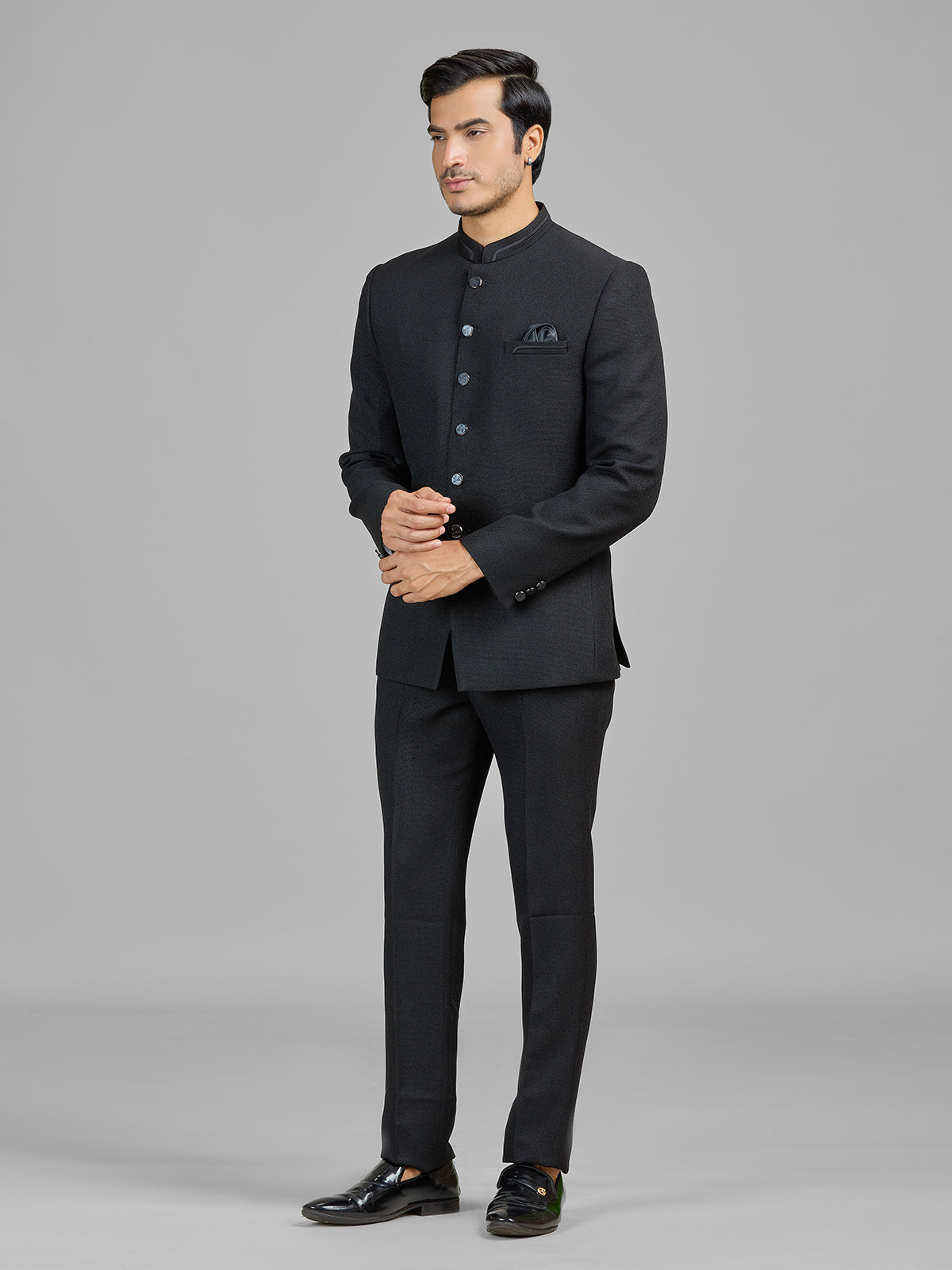 Black jute jodhpuri suit for evening events
