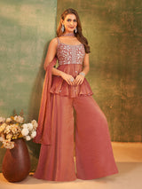 Onion pink tissue silk embroidered festive palazzo suit
