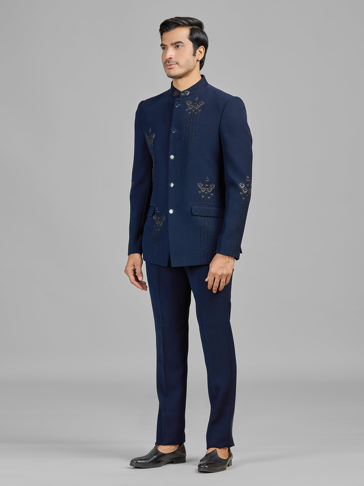 Navy terry rayon jodhpuri suit with cutdana detailing