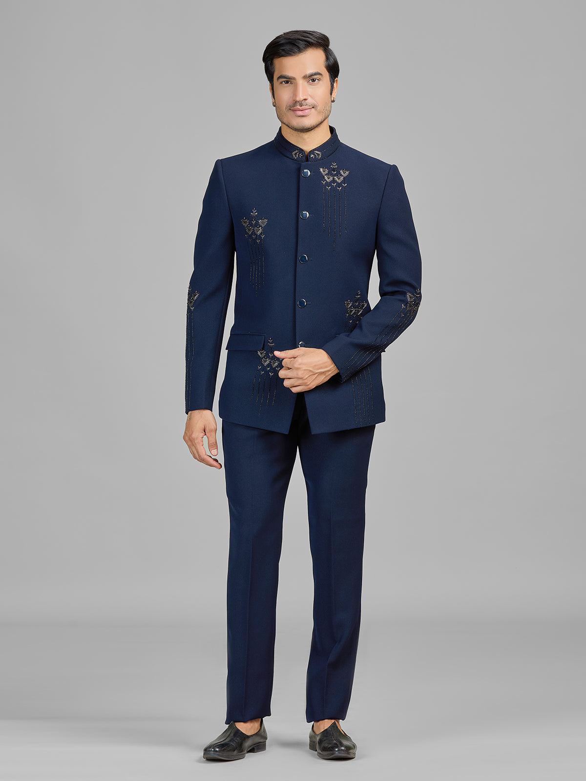 Navy terry rayon jodhpuri suit with cutdana detailing