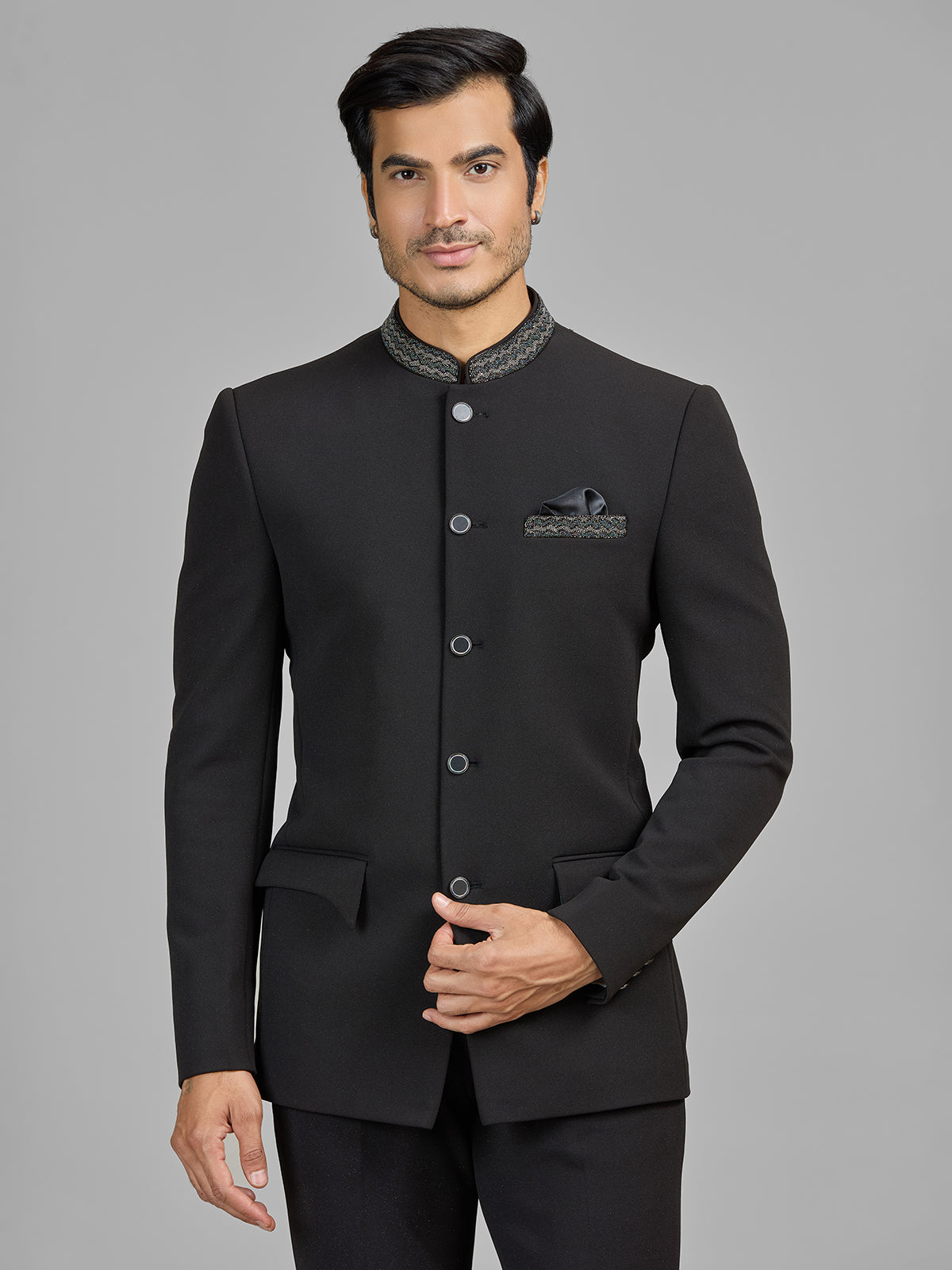 Black terry rayon jodhpuri suit for wedding celebration