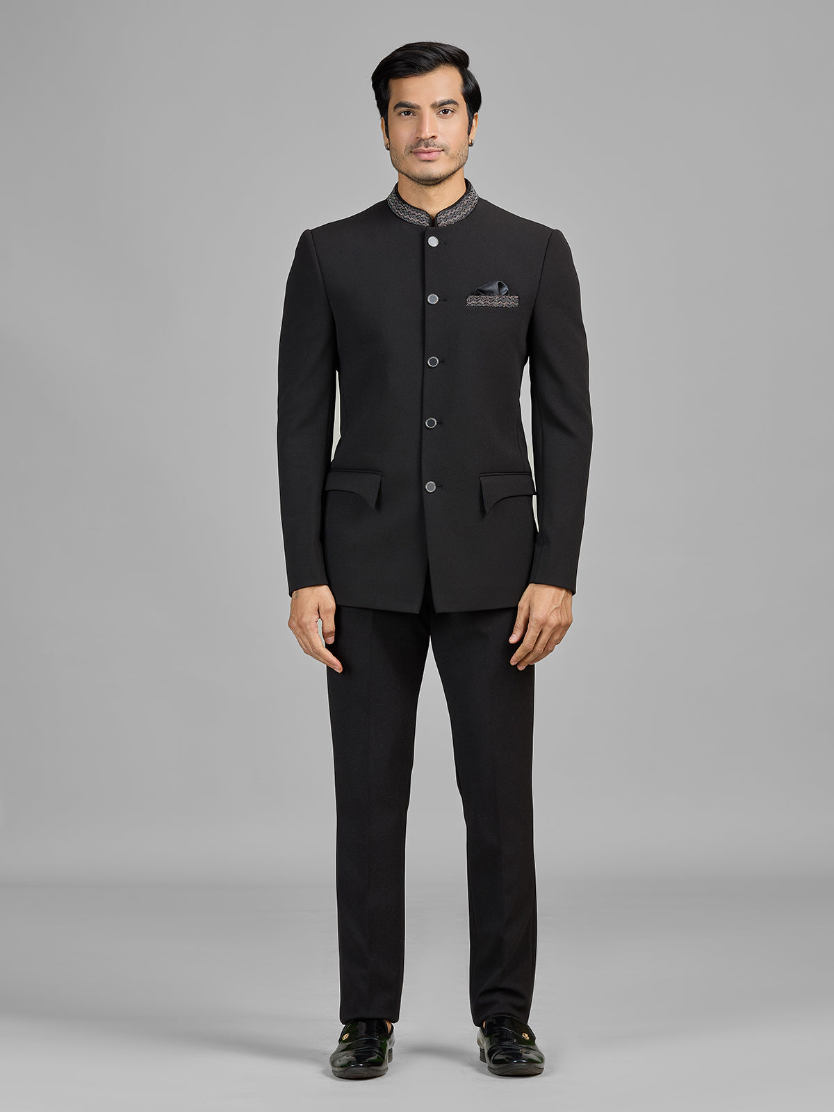 Black terry rayon jodhpuri suit for wedding celebration