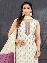 Cream silk sequins and embroidered straight salwar suit with dupatta
