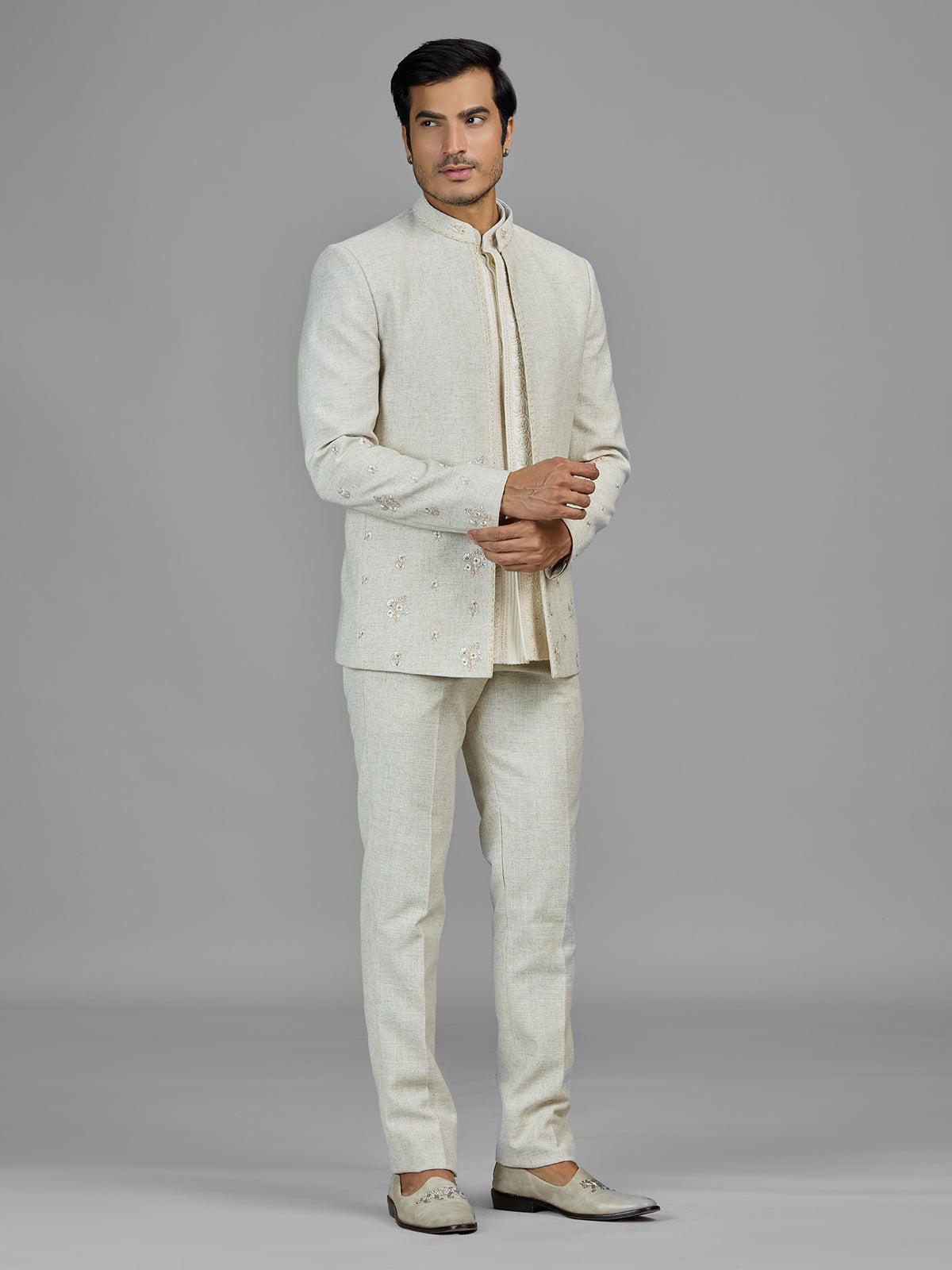 Cream wedding wear linen jodhpuri suit