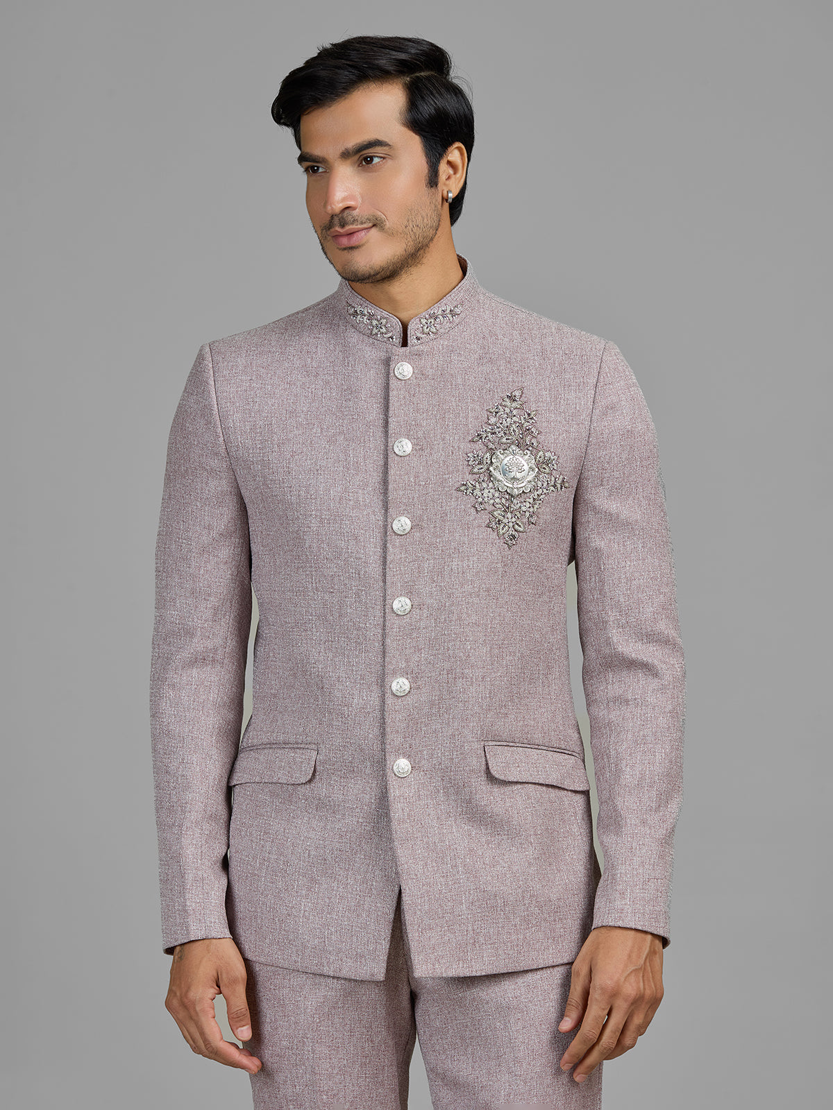 Lilac purple terry rayon jodhpuri suit with embellished crest