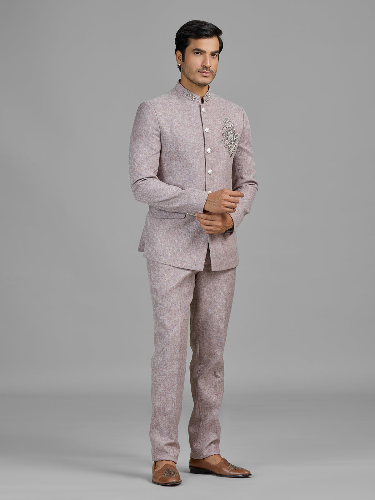 Lilac purple terry rayon jodhpuri suit with embellished crest