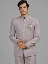 Lilac purple terry rayon jodhpuri suit with embellished crest