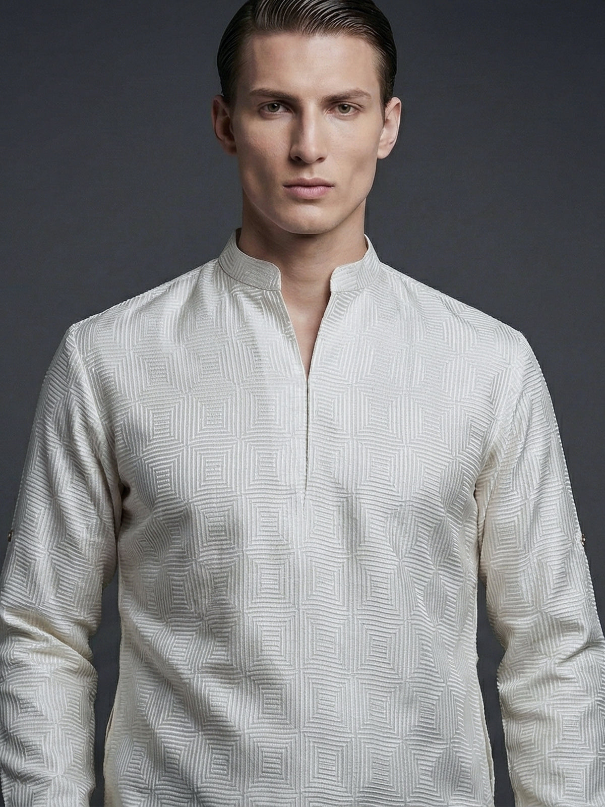 White jacquard silk blend contemporary short kurta