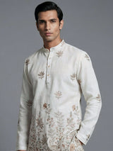 Off white embroidered cotton blend festive short kurta