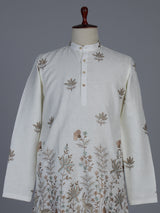 Off white embroidered cotton blend festive short kurta