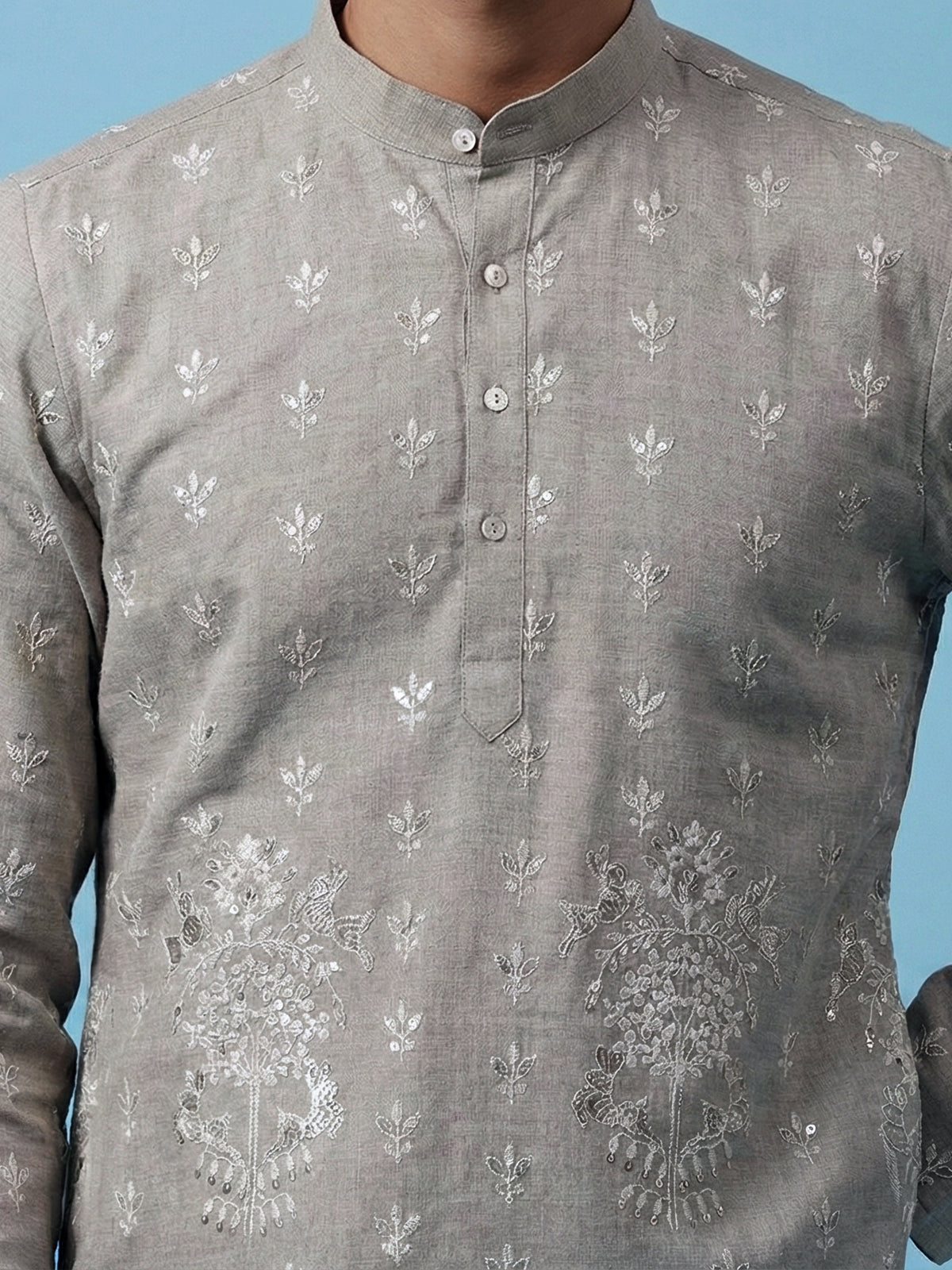 Grey embroidered cotton blend festive short kurta