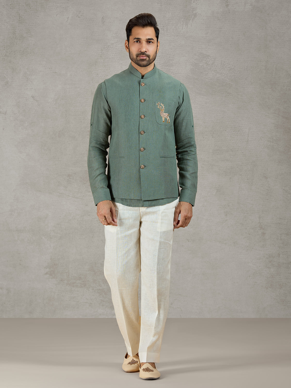 Green linen waistcoat set for festive occasions