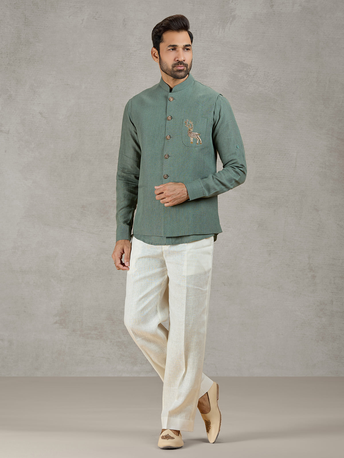 Green linen waistcoat set for festive occasions