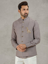 Grey linen waistcoat set with zardosi embellished crest