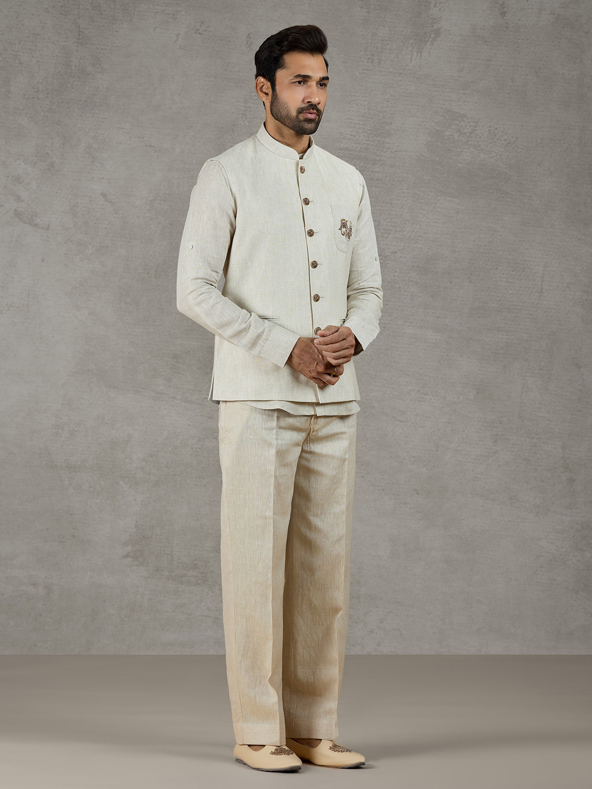 Beige linen festive wear waistcoat set with elegant detailing