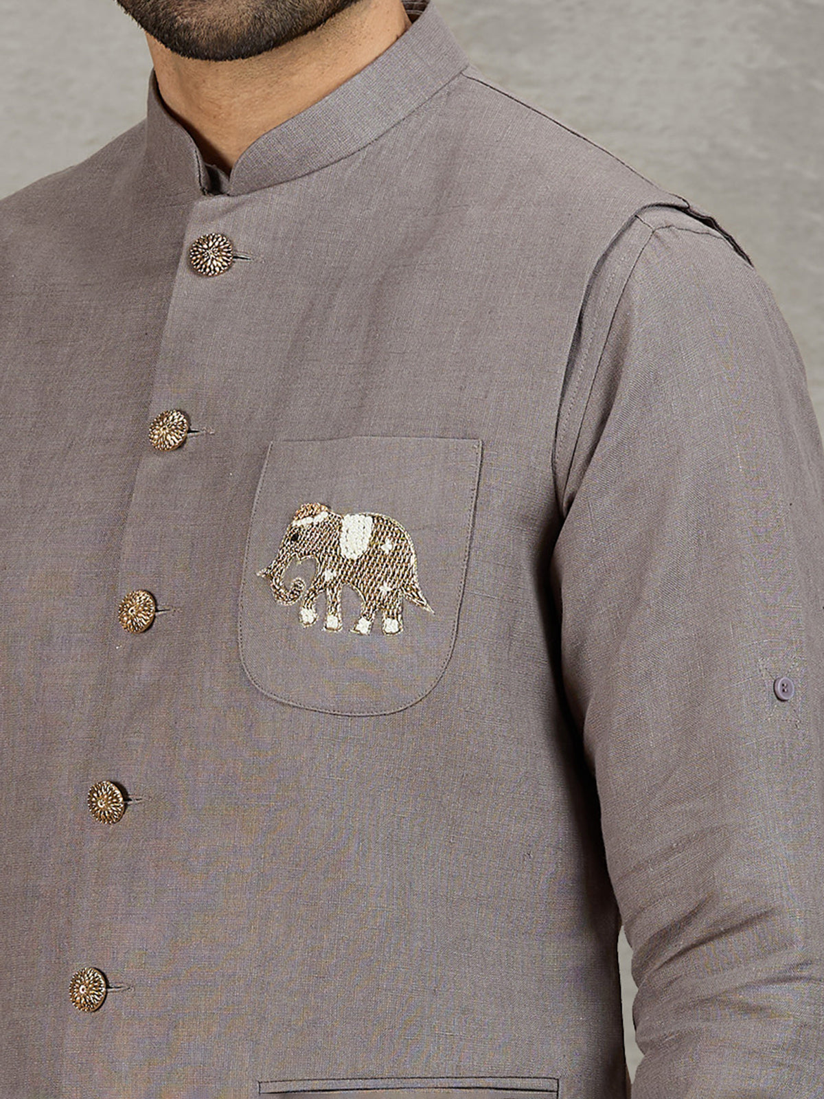 Grey linen waistcoat set with thread and zardosi work