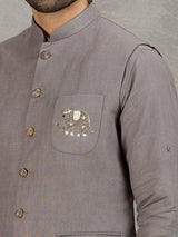 Grey linen waistcoat set with thread and zardosi work