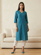 Aqua blue cotton silk embroidered kurti design