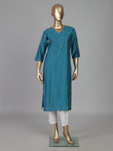 Aqua blue cotton silk embroidered kurti design