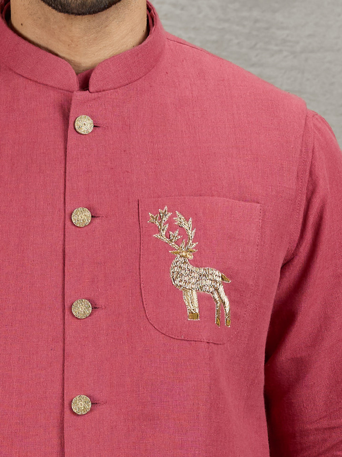 Gajri red linen festive waistcoat with shirt