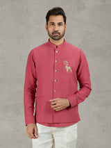 Gajri red linen festive waistcoat with shirt