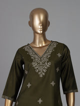 Mehendi green cotton silk embroidered v neck kurti