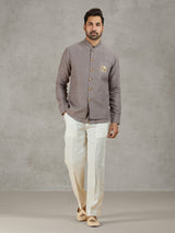 Grey linen waistcoat with shirt and zardosi embellished crest
