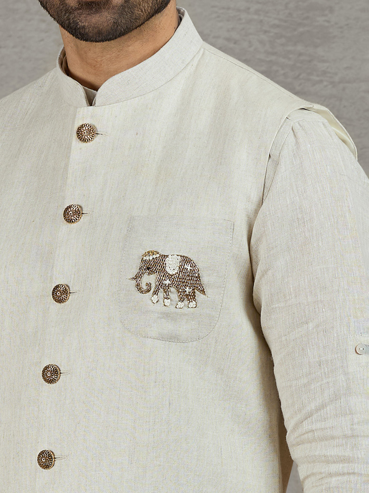 Beige linen festive waistcoat with shirt and elegant detailing