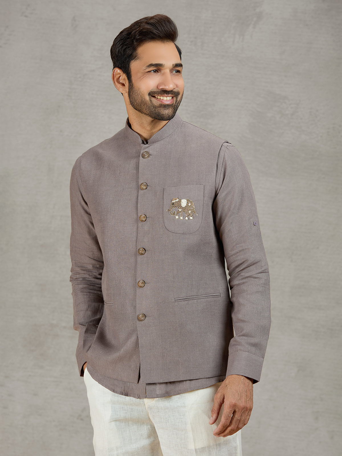 Grey linen waistcoat with shirt featuring thread and zardosi work