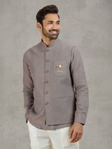 Grey linen waistcoat with shirt featuring thread and zardosi work