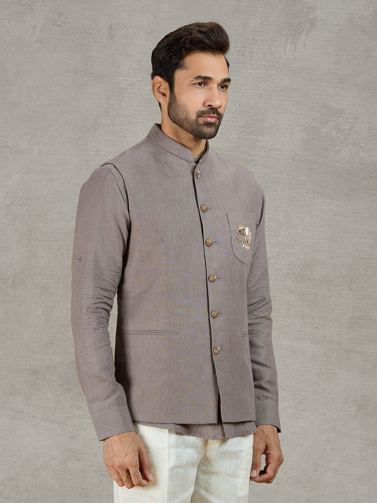 Grey linen waistcoat with shirt featuring thread and zardosi work