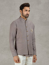Grey linen waistcoat with shirt featuring thread and zardosi work