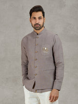 Grey linen waistcoat with shirt featuring thread and zardosi work