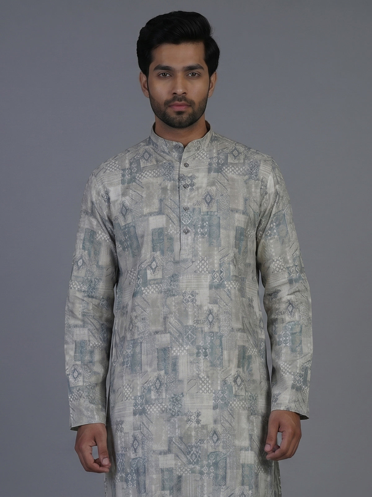 Stone blue textured cotton silk festive kurta suit