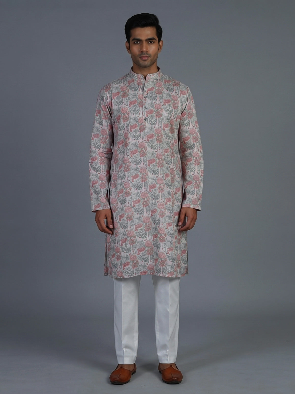 Off white floral silk festive kurta suit for men