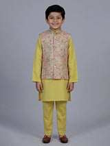 Mehendi olive floral printed festive waistcoat set for boys