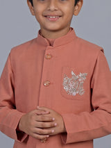 Peach embellished cotton blend festive waistcoat set for boys
