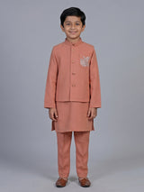 Peach embellished cotton blend festive waistcoat set for boys