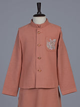 Peach embellished cotton blend festive waistcoat set for boys