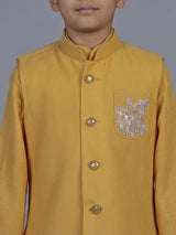 Mustard yellow embellished festive waistcoat set for boys