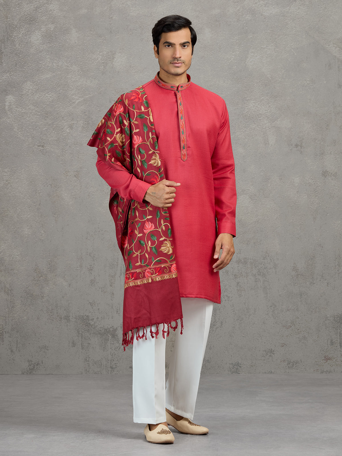 Pink pashmina silk festive embroidered kurta suit with dupatta