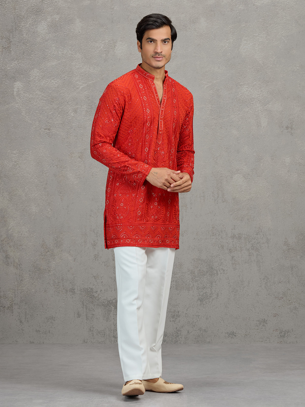 Orange georgette embroidered haldi festive kurta suit