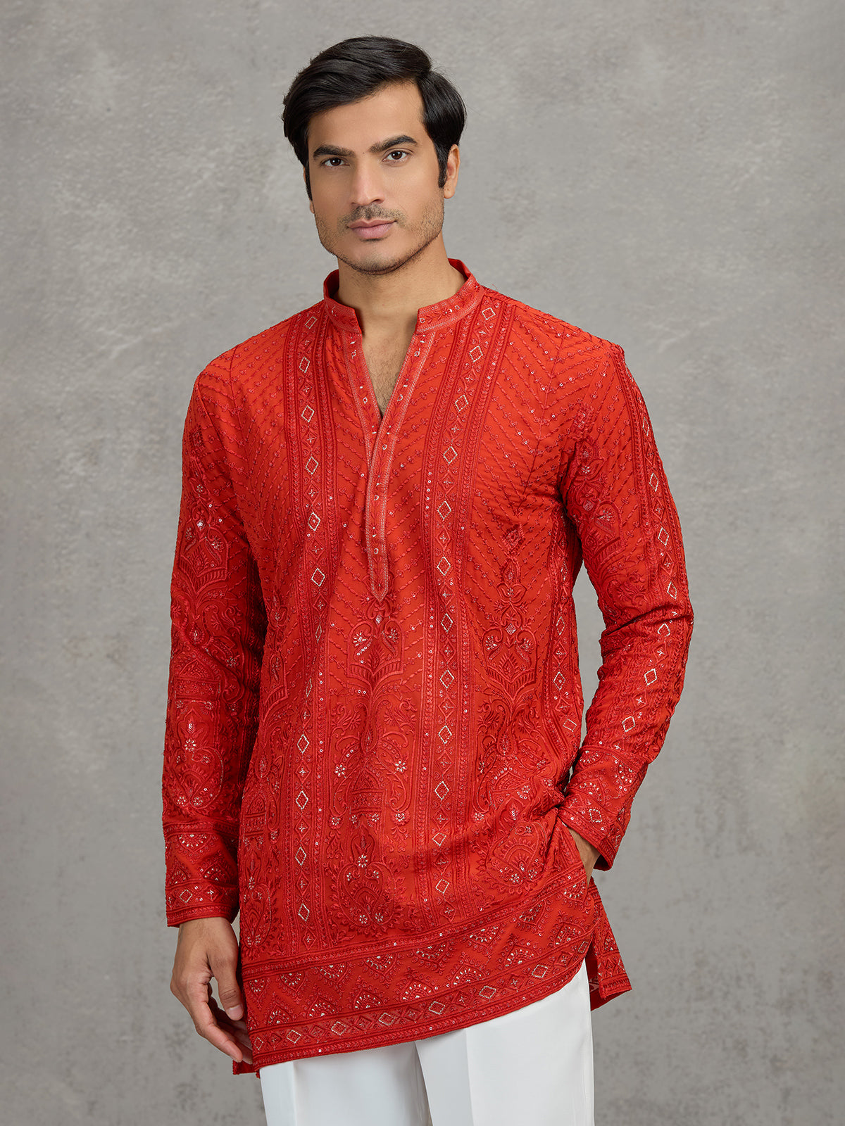 Orange georgette embroidered haldi festive kurta suit