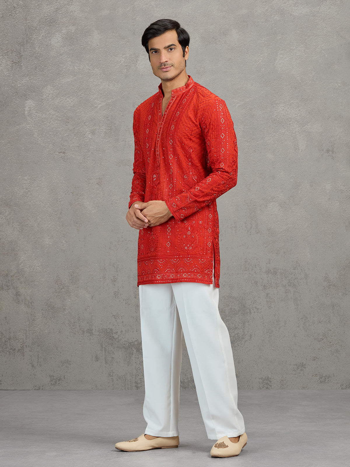 Orange georgette embroidered haldi festive kurta suit