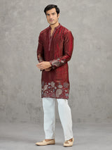 Maroon silk blend embroidered wedding kurta suit